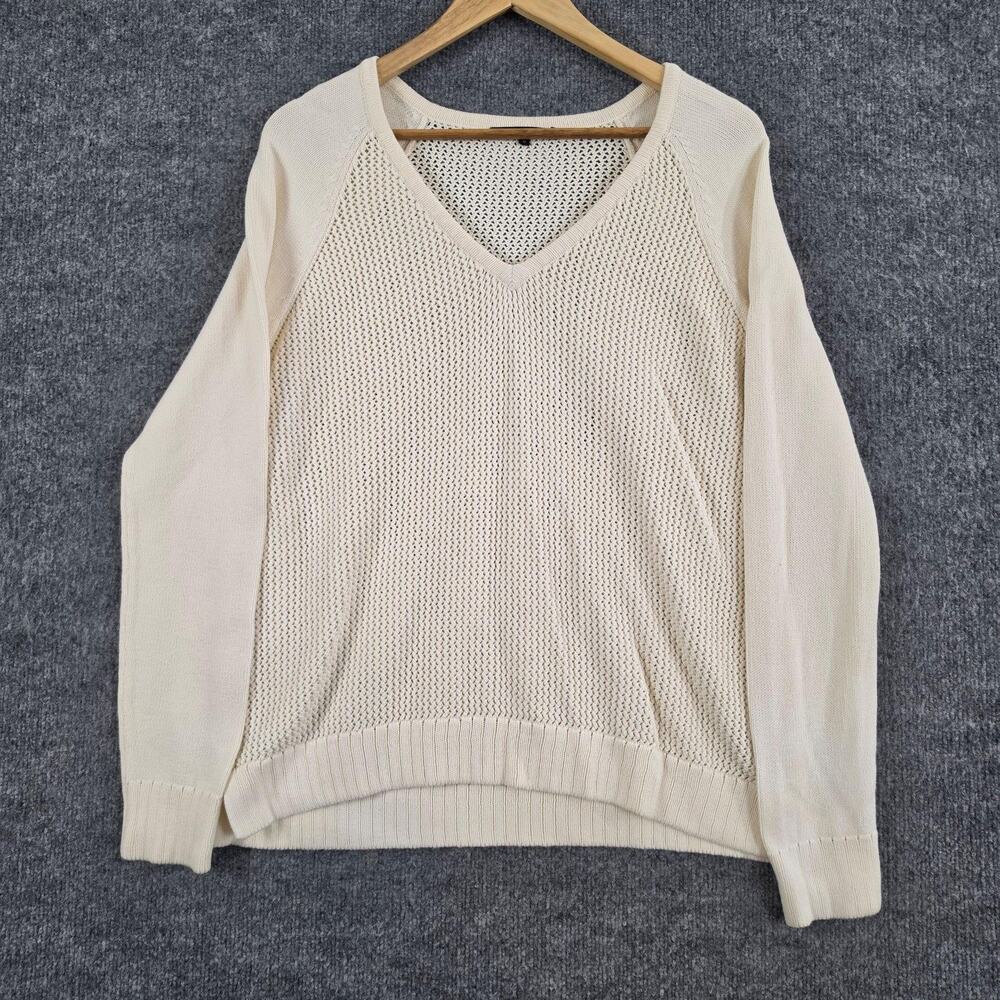 Tibi Sweater Medium Open Knit V Neck Cotton Ivory Lightweight Raglan Minimalist